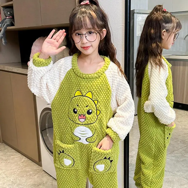 Children Onesie Pajamas Warm Sleepwear With Dinosaur Pattern And 2 Small Pockets Velvet Pajamas Home Clothes For Autumn And