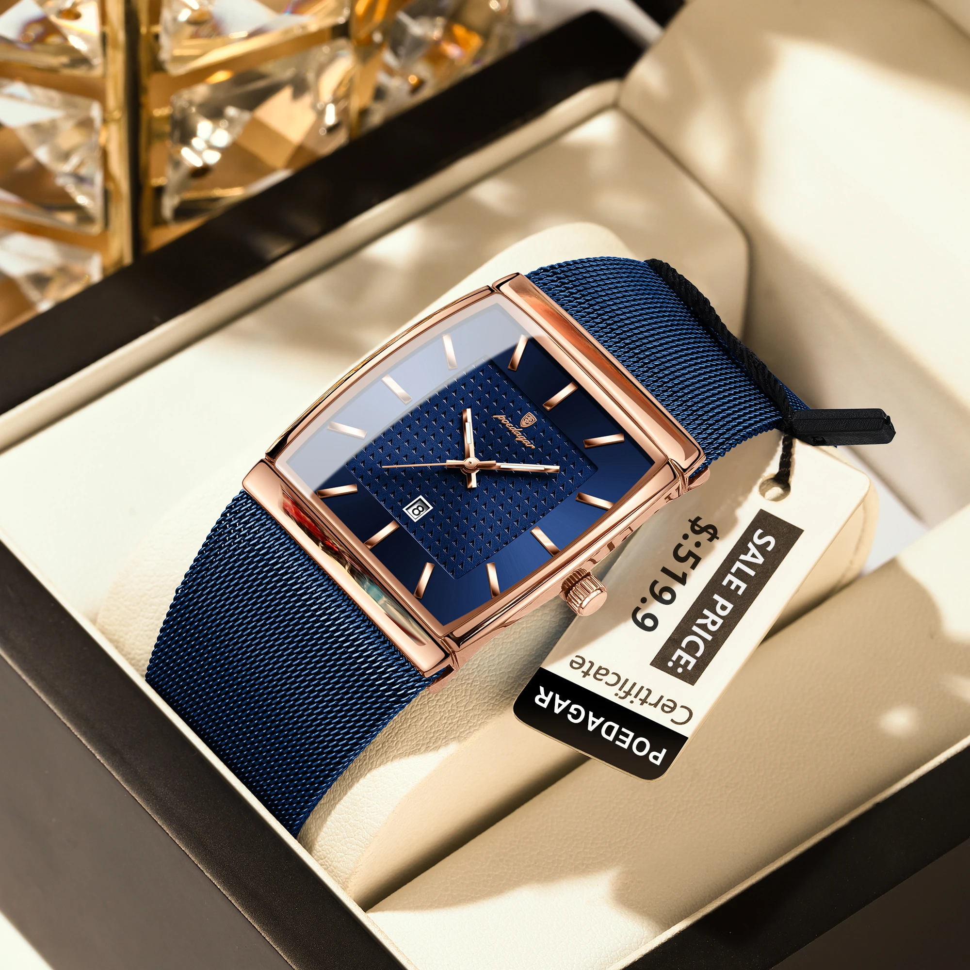 POEDAGAR أفضل ساعة رجالية أصلية مقاومة للماء مضيئة تاريخ مستطيل رجل ساعة اليد شبكة الفولاذ المقاوم للصدأ ساعات كوارتز رجالية ذكر