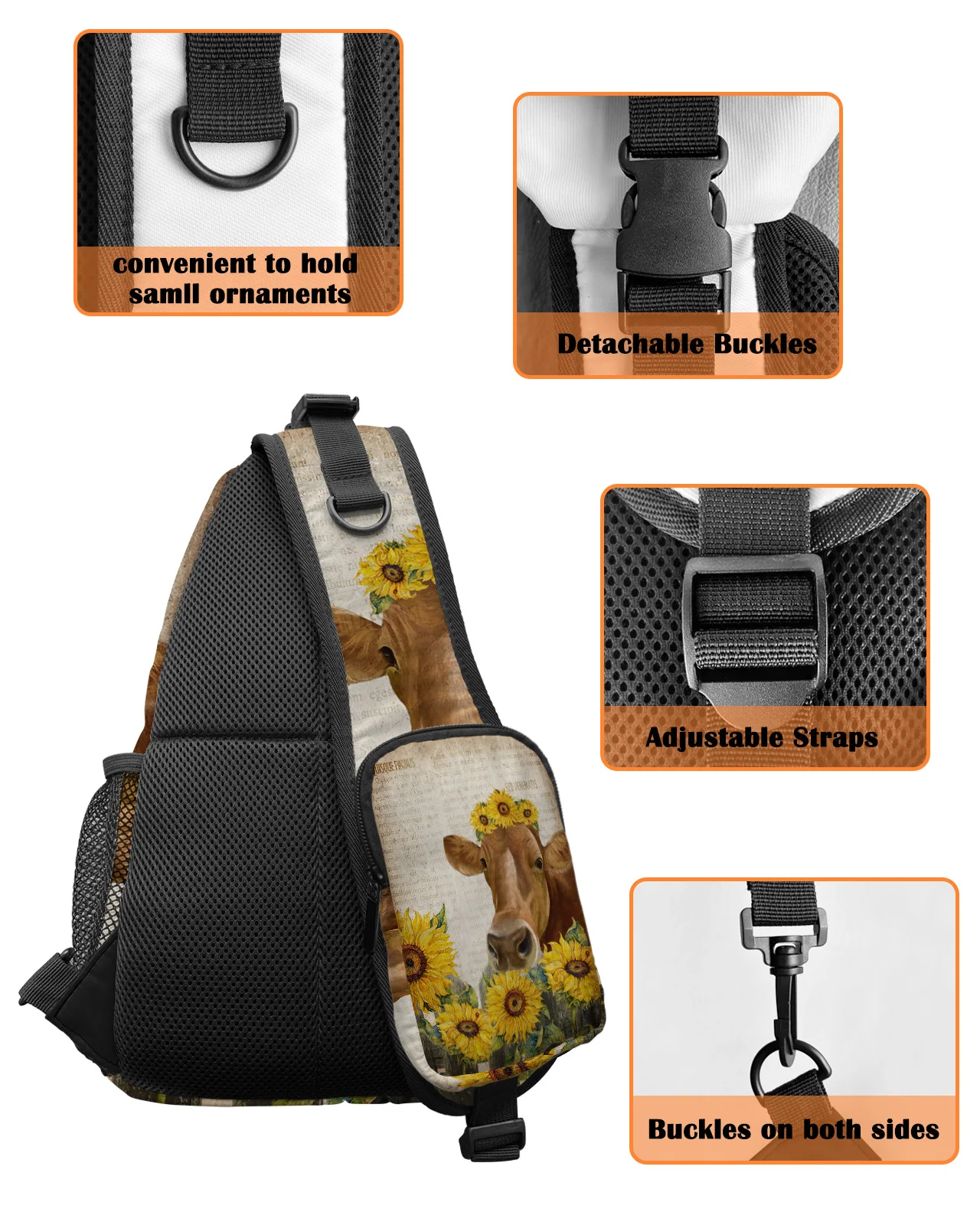 Bolsa retrô de girassol e peito de vaca para homens e mulheres, bolsa mensageiro impermeável, casual de ombro esportiva, estilo pastoral, viagem feminina