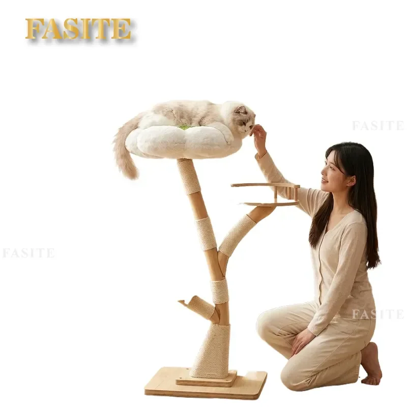For Cat Solid Wood Climbing Frame Flower Shaped Multi Layer Jumping Platform Thickened Stable Base Sisal Scratching Post