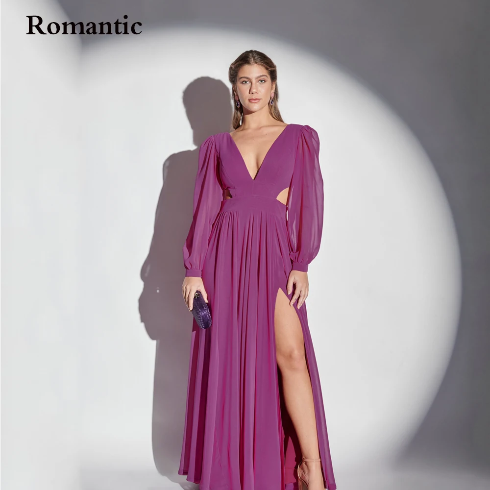 

Romantic A Line Purple Simple Prom Gown Dresses Chiffon Deep V Neck Long Sleeves High Hilt Fomal Patry Dress Ankle Length 2022