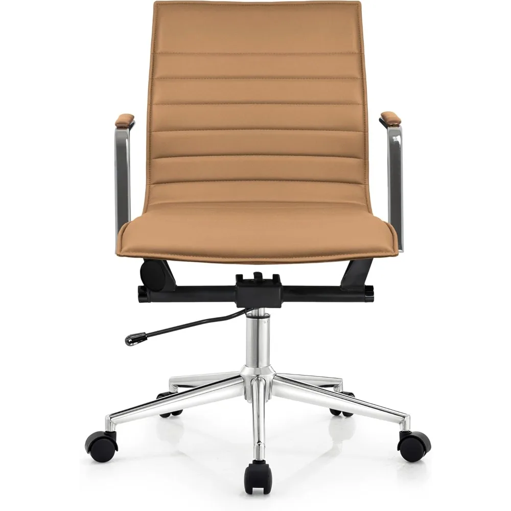 

Modern Office Desk Chair Upholstered PU Leather Ribbed Mid Back with Metal Frame | Adjustable Height, Tilt Lock | Computer