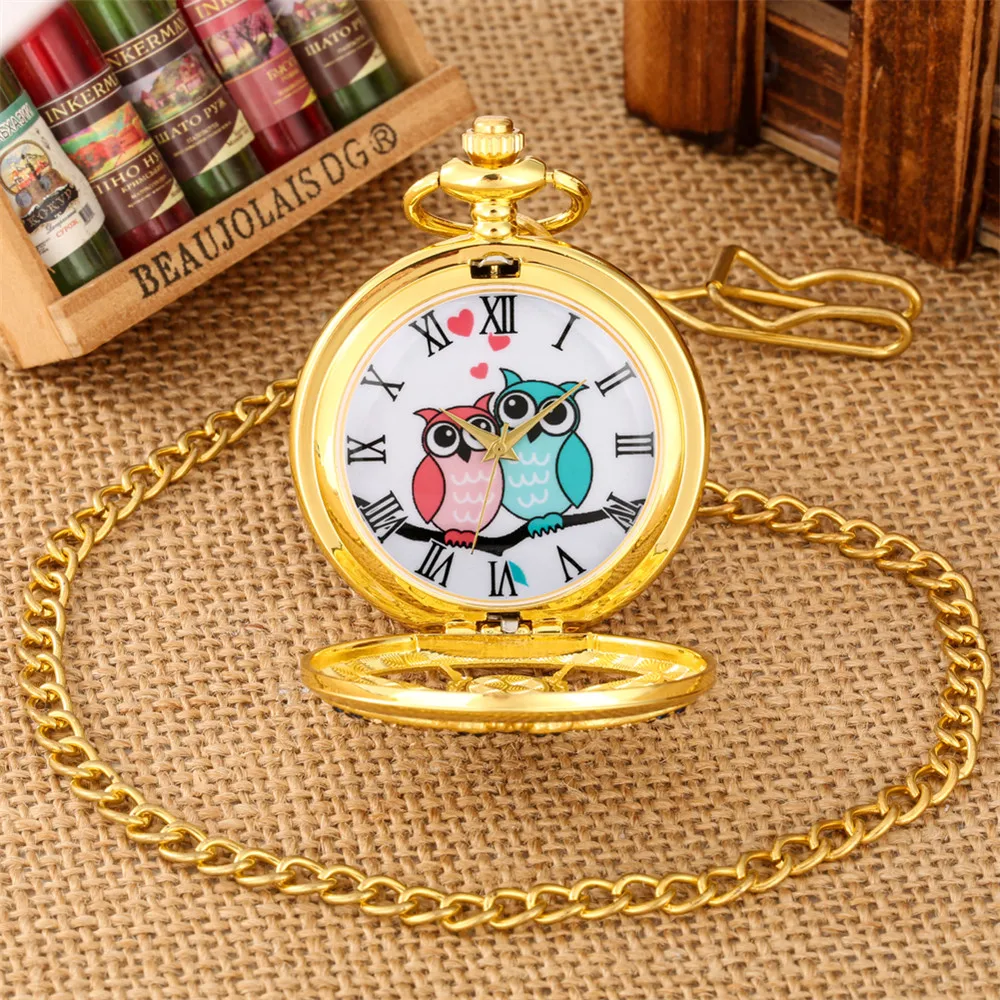 Holle Romantische Paar Uilen Brons/Goud Half Hunter Quartz Zakhorloge Fob Collier Hanger Pocket Klok Gift Mannen vrouwen