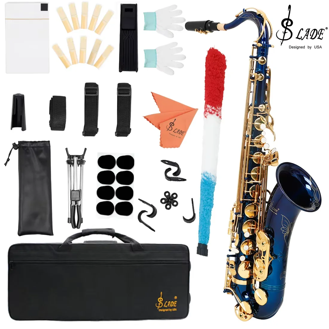 SLADE Bb Tenor Saxophone Blue Gold Key B Flat Tenor Sax Set  with Carrying Case Mouthpiece Cleaning Brush Accessories