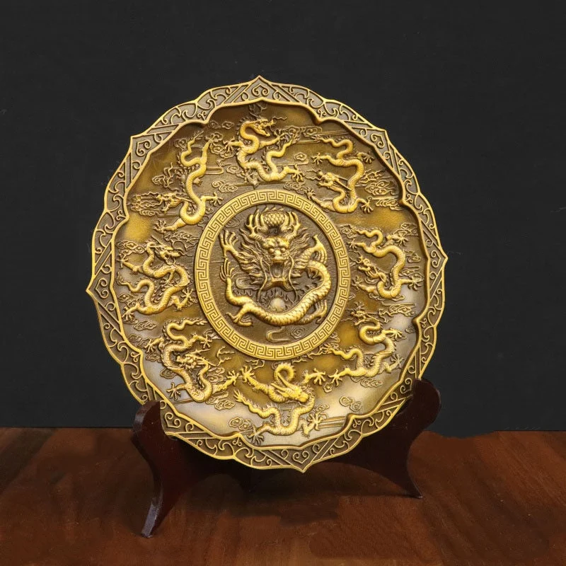 Chinese exquisite pure brass relief craftsmanship nine dragon plate decorative plate home desktop Chinese style decoration