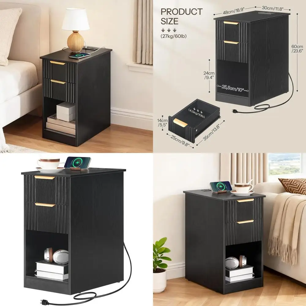 

Компактная прикроватная тумбочка с золотистыми акцентами, 2 ящиками и открытой полкой, идеально подходит для зарядки в небольших помещениях