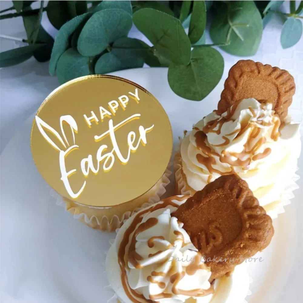 Easter Cake Toppers Acrylic Gold Silver Happy Easter Anniversary Cake Toppers Round Cupcake Toppers Party Dessert Decoration