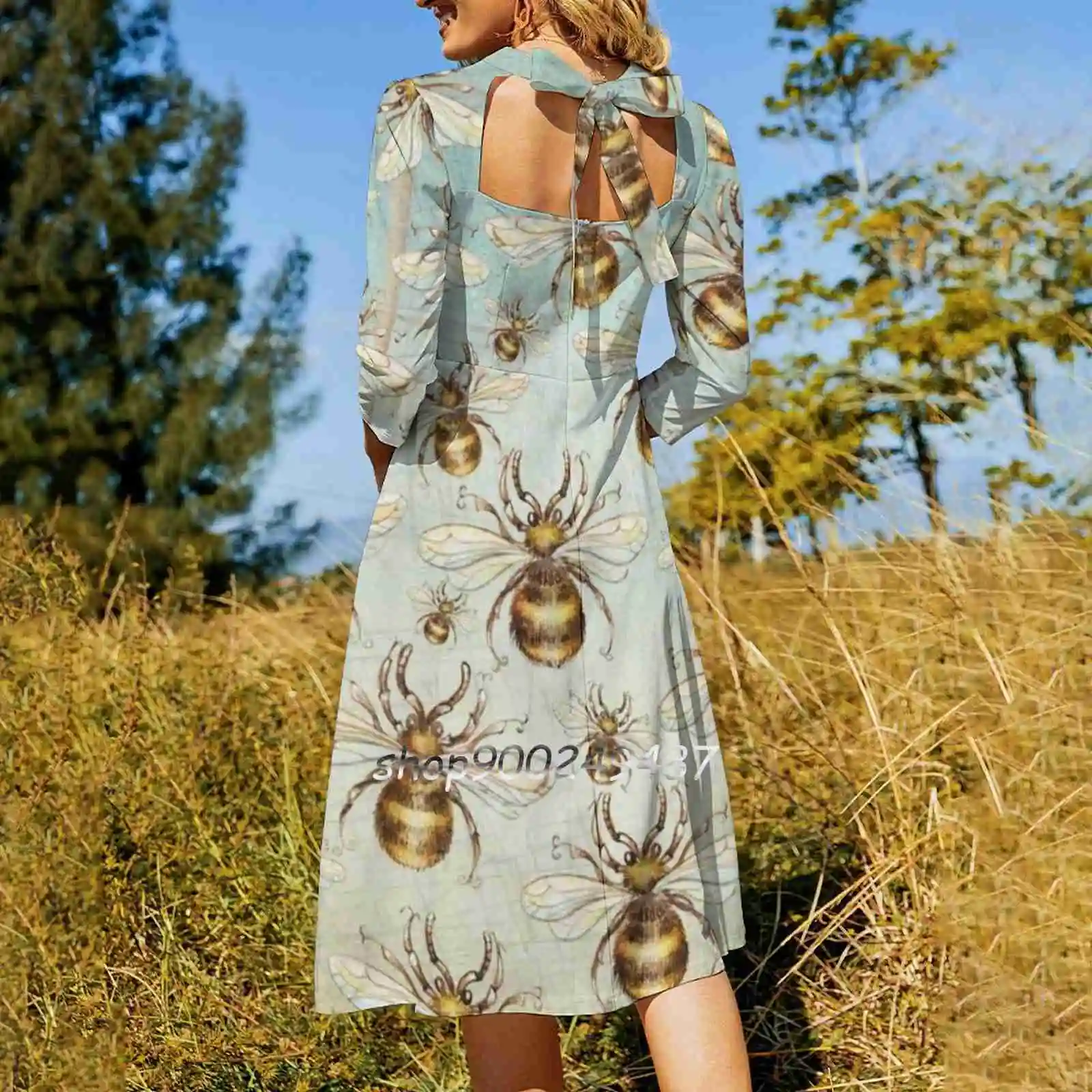 Bees Square Neck Dress Cute Loose Print Dresses Elegant Beach Party Dress Insect Bee Yellow Queen Fly Sky Vintage Grunge