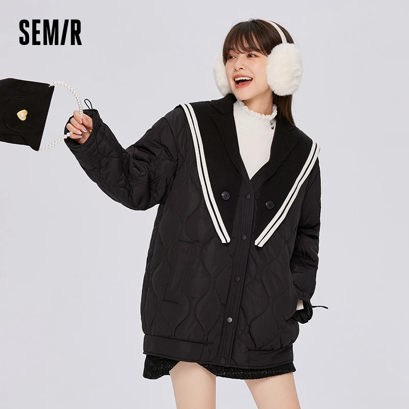 Semir Cotton Coat Women Mid-Length Navy Collar Fashion Trendy 2023 Winter New Black Loose Thick Cotton Jacket