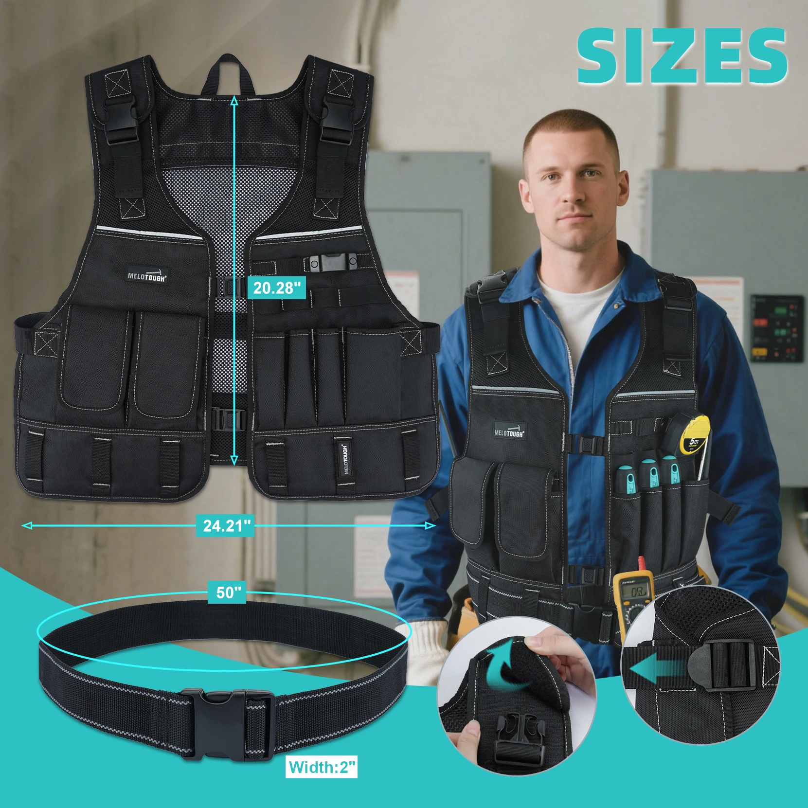 Tool Vest for Men with Pouches and Belt, Adjustable Multi-Pocket Safety Tool Vest for Electrician, Carpenter
