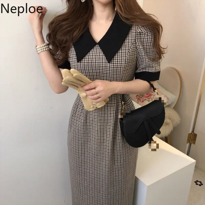 Neploe Korean Chic Contrast Color Patch Houndstooth Plaid Dress High Waist Hip Split Design Vestido Slim Fit Long Ropa New 49075