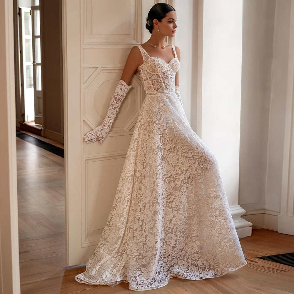 Bohemian Lace A-Line Wedding Dress Women Sweetheart Detachable Sleeves Bridal Gowns with Sweep Train Zipper Back Customized