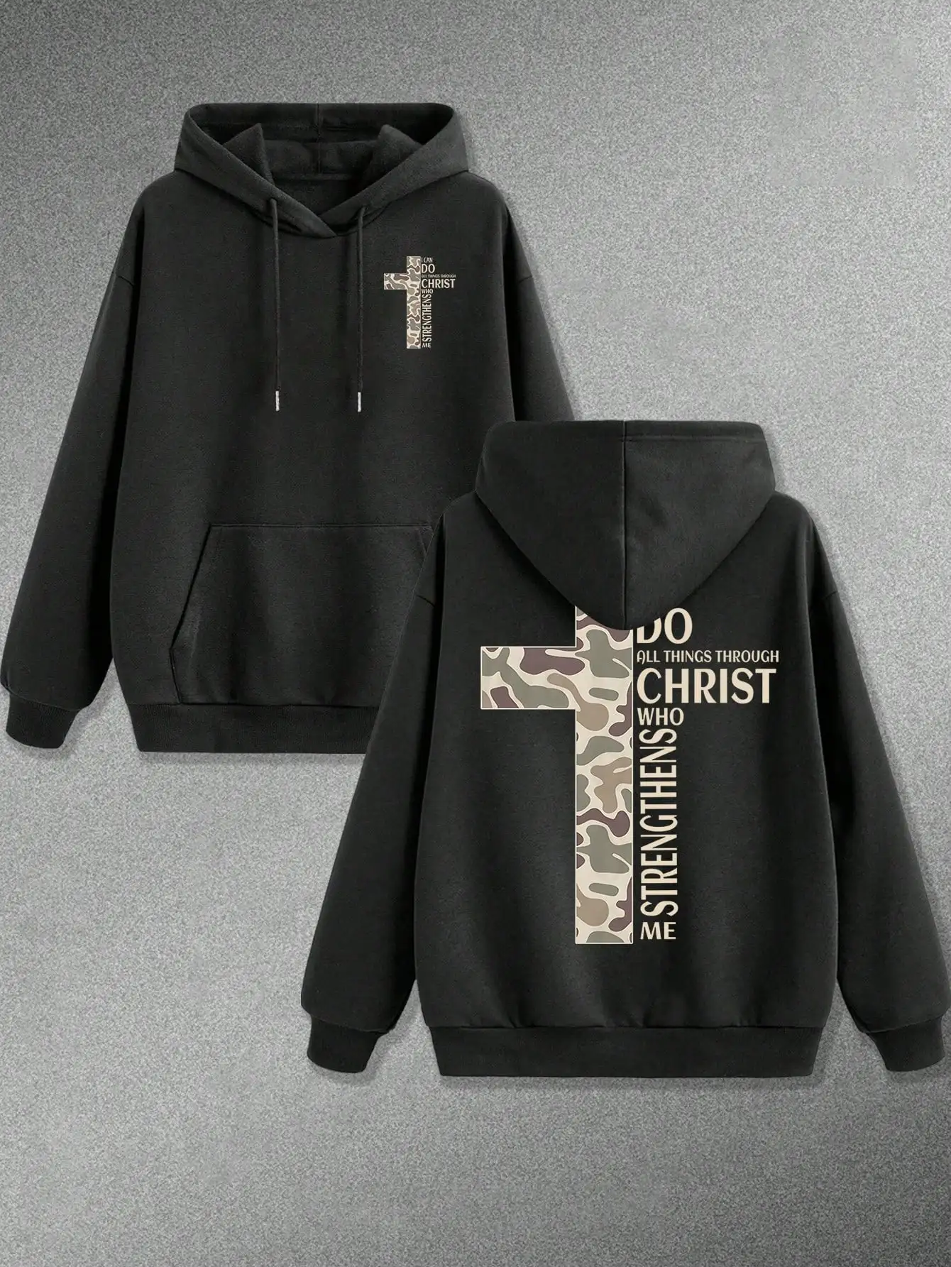 

Men's Black Hoodie with Camo Cross Graphic, Front and Back Print, Casual Autumn Winter Sweatshirt