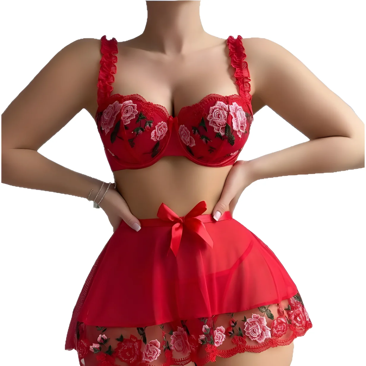 

French Elegant Casaul Style Lace Flower Embroidery Skirt Sets Charming Sexy Set Mesh Transparent Skirt Sets Bowknot Elegant 9527