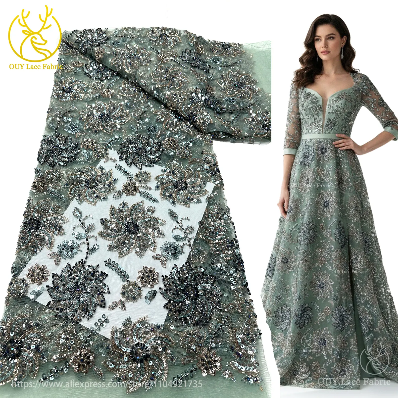 Tela de encaje Floral con cuentas pesadas africanas de lujo 2025, tela de encaje de lentejuelas de malla de tul francés rosa de alta calidad para vestidos de noche