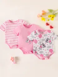 3 Pieces Summer Cute Newborn Baby Short Sleeve Onesie Baby Girl Soft Comfortable Breathable Triangle Dress Bear Print Baby Girl