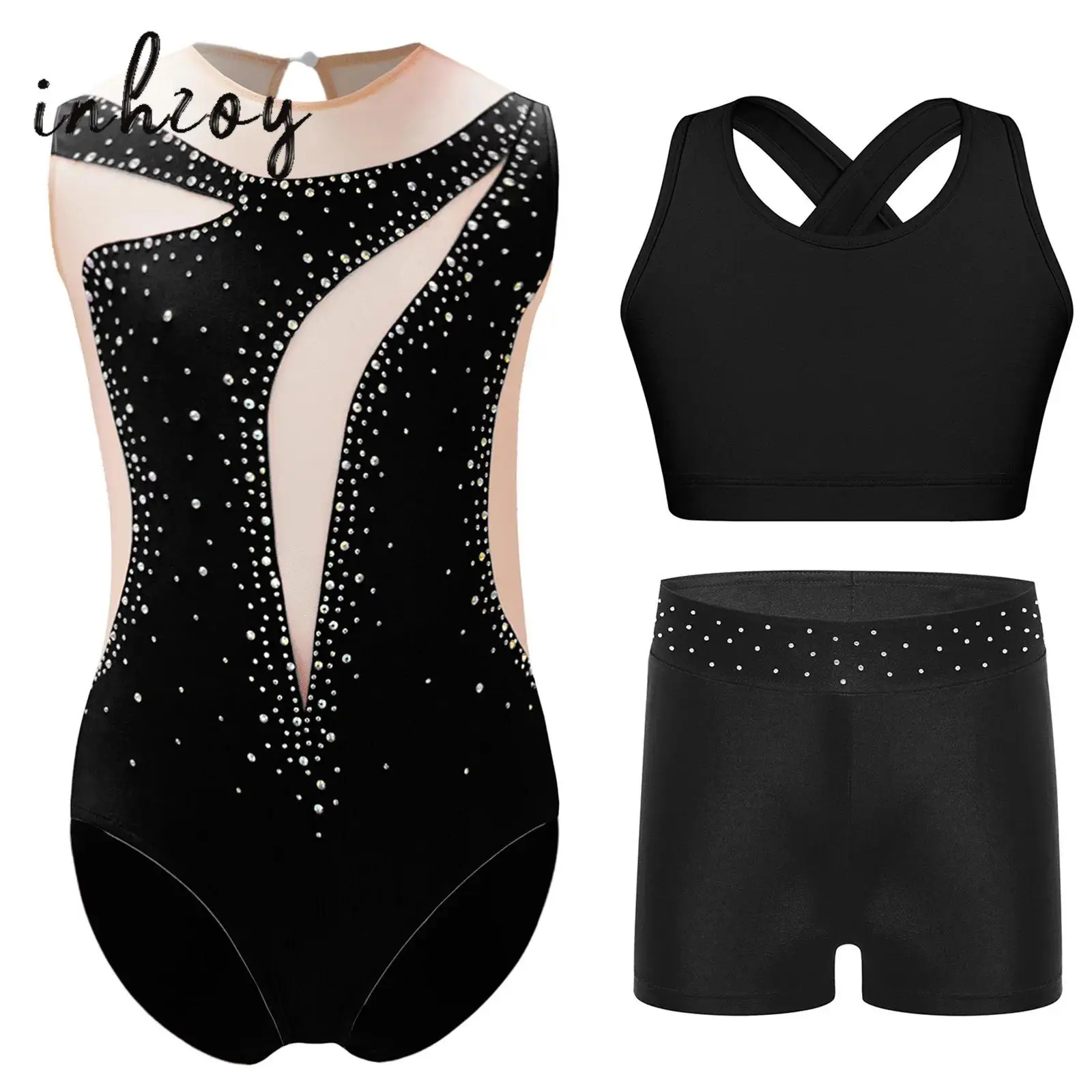 

Girls Gymnastics Leotards Sheer Mesh Patchwork Shiny Rhinestone Bodysuit+Vest+Shorts for Figure Skating Dance Performance Outfit