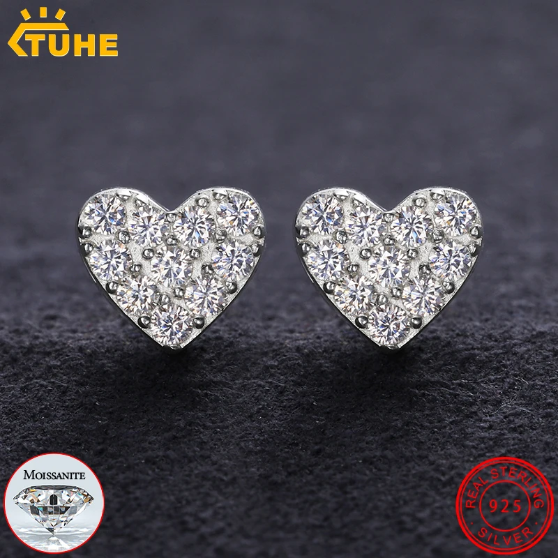 Pendientes de plata 100% 925 con forma de corazón para mujer, aretes clásicos de moissanita, joyería de alta calidad