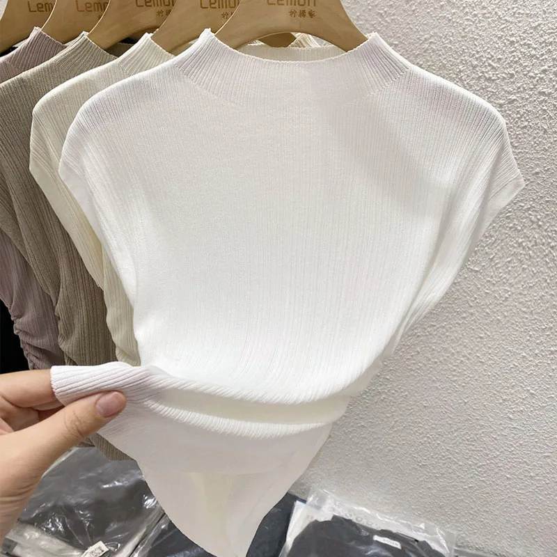 

Sueter Feminino Stand Collar Knitted Sweater Women Pullovers New Short Sleeve Knit Sweater Pullover Women Tops Knitwears Q3524