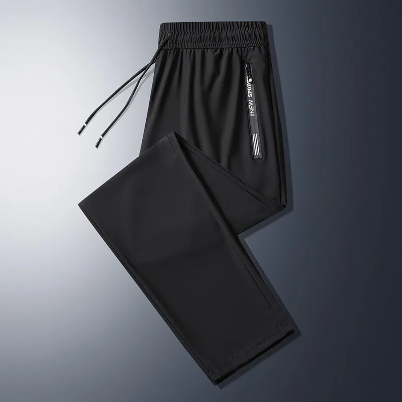 Quick Dry Pants Men Spring Summer Long Ice Silk Casual Straight Sports Trousers Fitness Training Youth Jogging Zip Pocket Pants