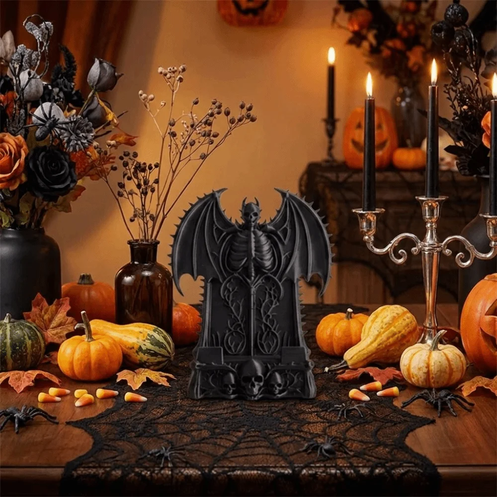 3D Printed Skull Phone Stand Spooky Dark Fantasy Cell Phone Holder Plastic Stable Devil Bat Phone Storage Rack Home Decor