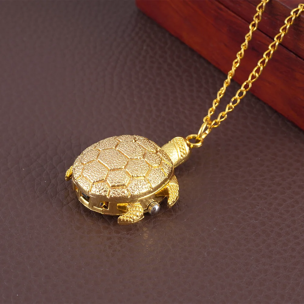 Vintage Small Dial Quartz Pocket Watch for Men Women Fob Chain Luxury Gold Turtle Pendant Necklace Clock for Collection Gift