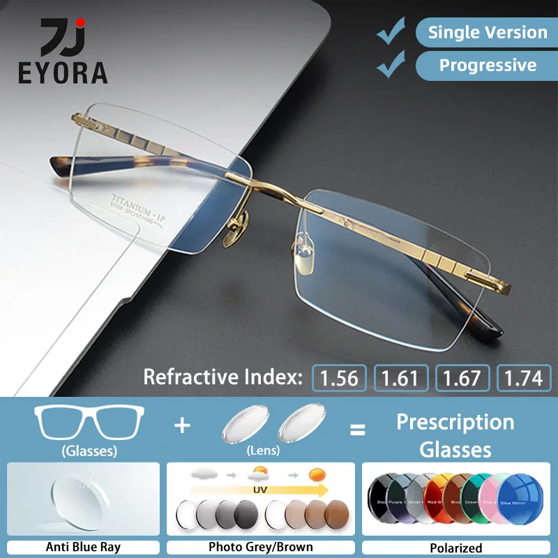 

EYORA Business Pure Titanium Rimless Reading Glasses Myopia Eyewear Hyperopia Anti Blue Light Progressive Photochromic Eyewear
