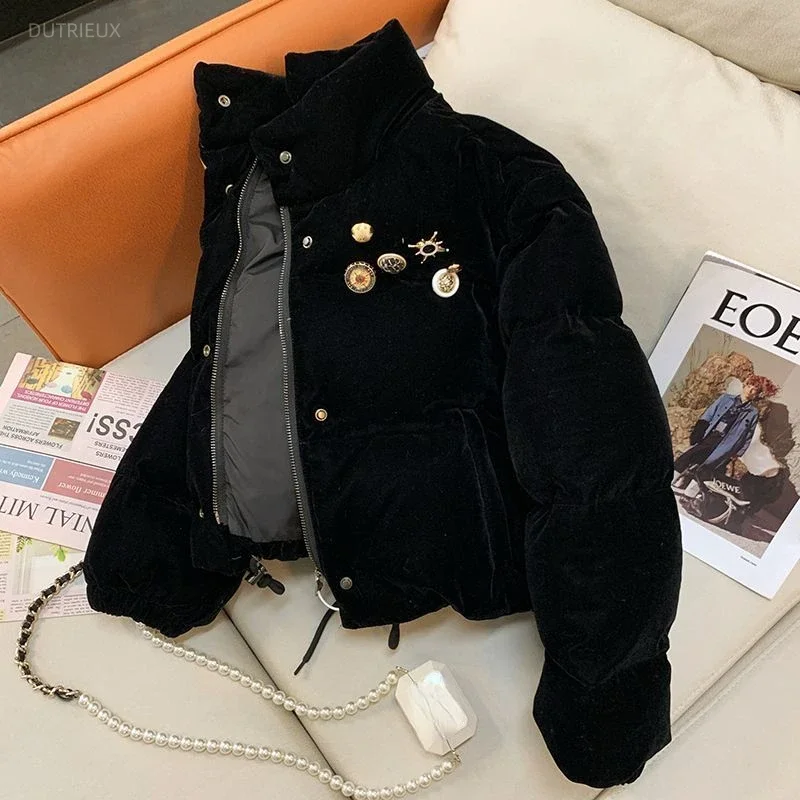 Thickened Stand Coats Retro Short Black Velvet Down Cotton Jacket Autumn Winter Y2k Top Jaquetas Chaquetas Korean Coat