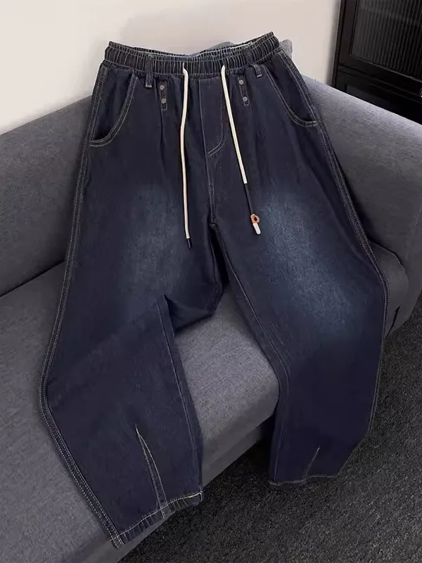 

Retro Waed Blue ey Denim Jeans Men's Spring Autumn Casual Loose Cuff Trousers Vintage Faded Effect Harajuku Sle Jeans