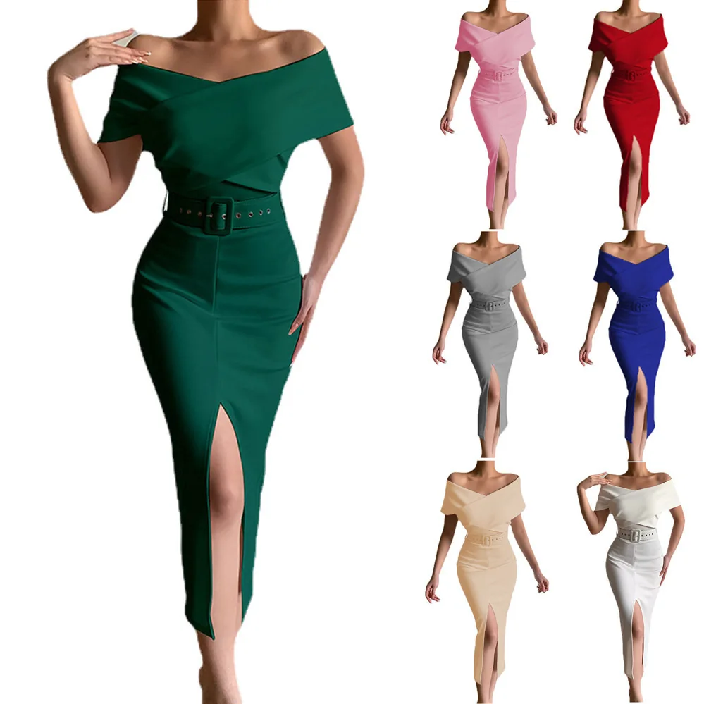 Dress Women Summer 2022 New Europe Clothing Pure Color Led Off Shoulder Split Dresses Casual Vestidos OLNAL8771