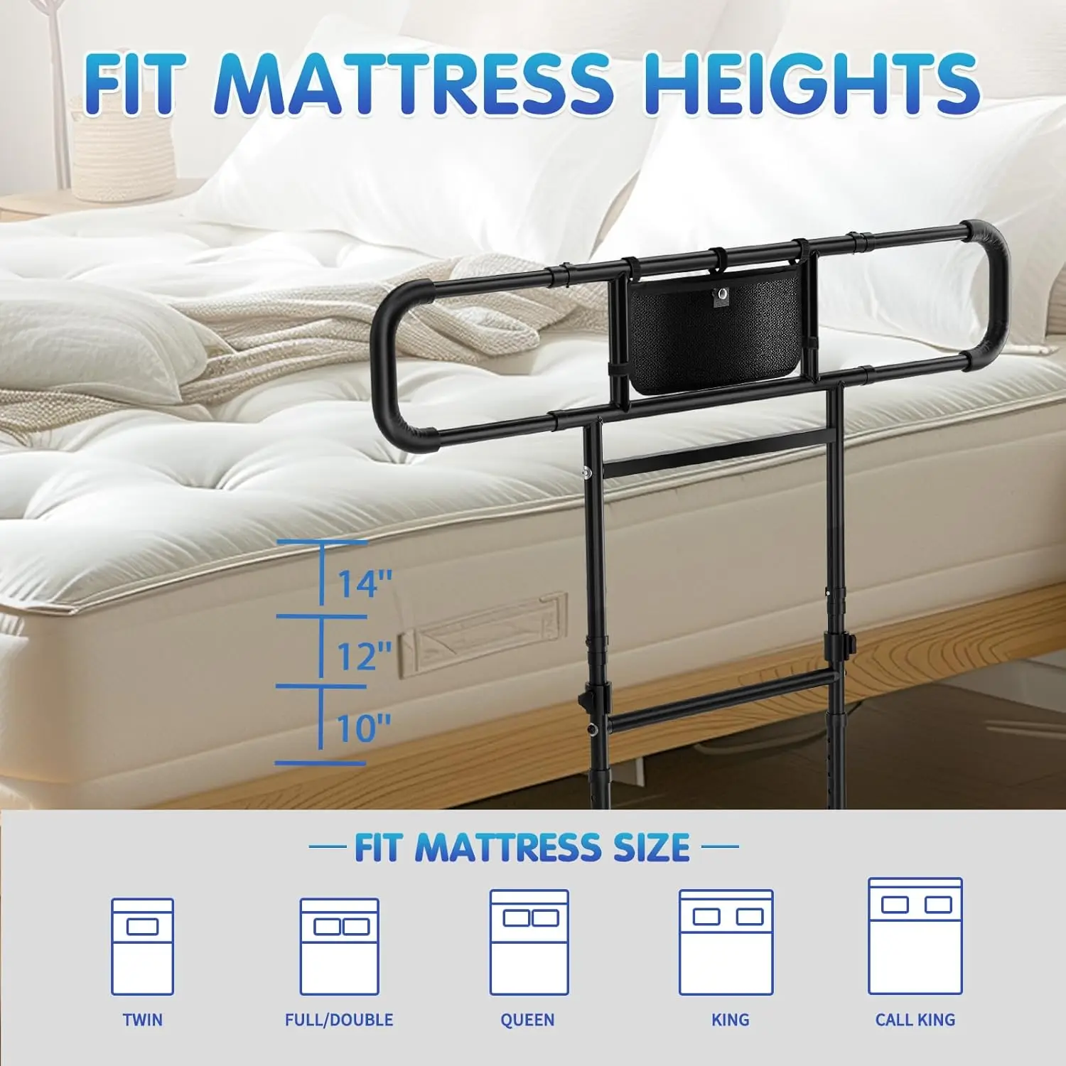 Adjustable Heights& Extendable Bed Side Rail, Foldable Bed Assist Bar, Heavy Duty for Senior, Fits King, Queen, Full, Twin for 1