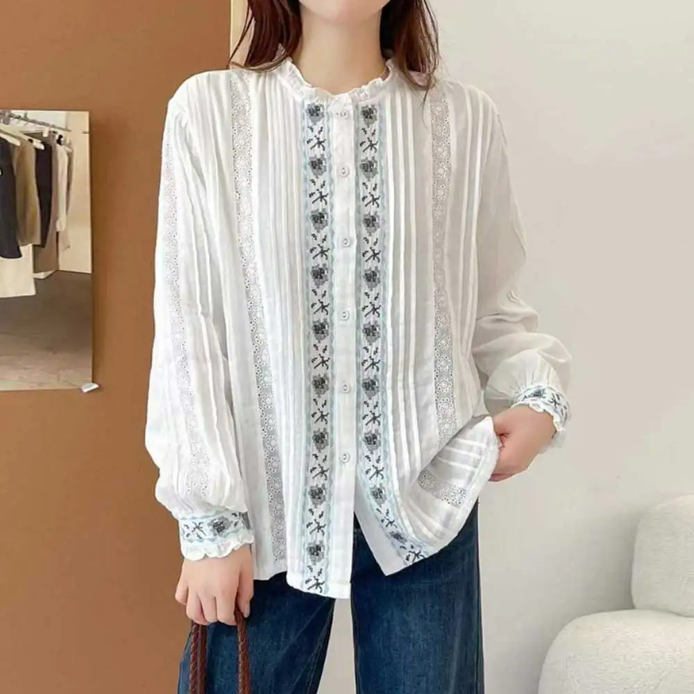 

Women Mori Kei Clothing Ethnic Style Floral Embroidery Cotton Shirts Spring Autumn Stand Collar Long Sleeve Casual Loose Blouse