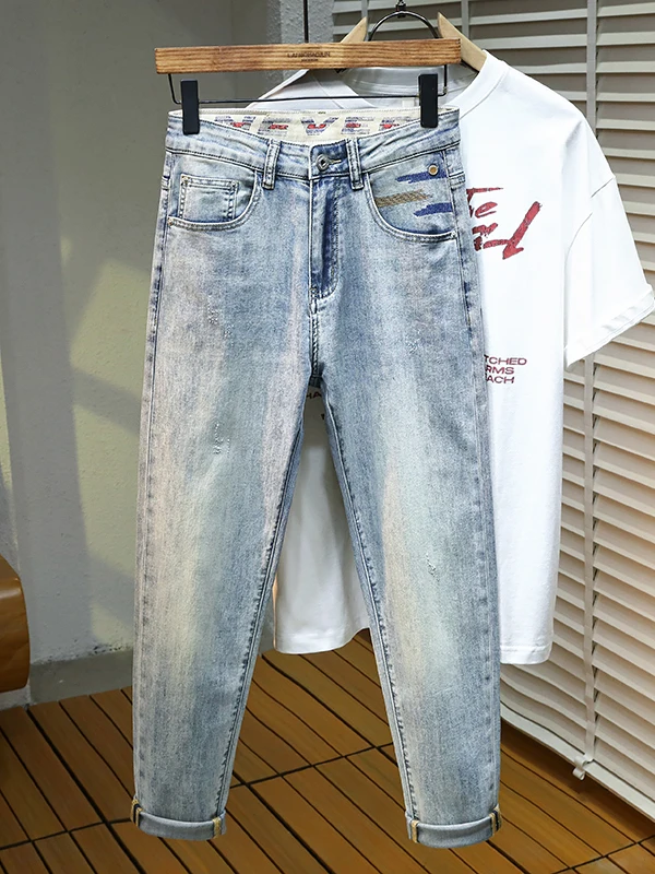 

Retro Sle Men's Summer Thin Loose Fit Harlan Nine-Piece Jeans American High Street Casual Long Trousers Youth Wear