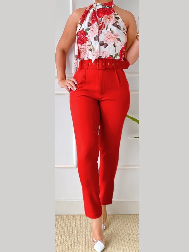 Women Floral Print Halter Sleeveless Top High Waist Pants Set With Belt Summer Two Piece Suit Set Elegant Office Lady Outfits