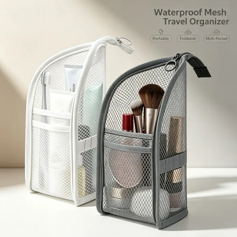 Standing Mesh Toiletry Bag with Makeup Brush Holder-Large Capacity EVA Waterproof Travel Organizer,Foldable Hanging Storage Case