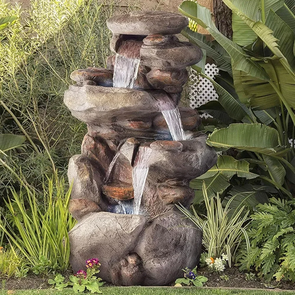 WIN316 4-Tiered Outdoor Floor Rock Water Fountain for Garden or Patio with Natural Stone Look, Light Gray