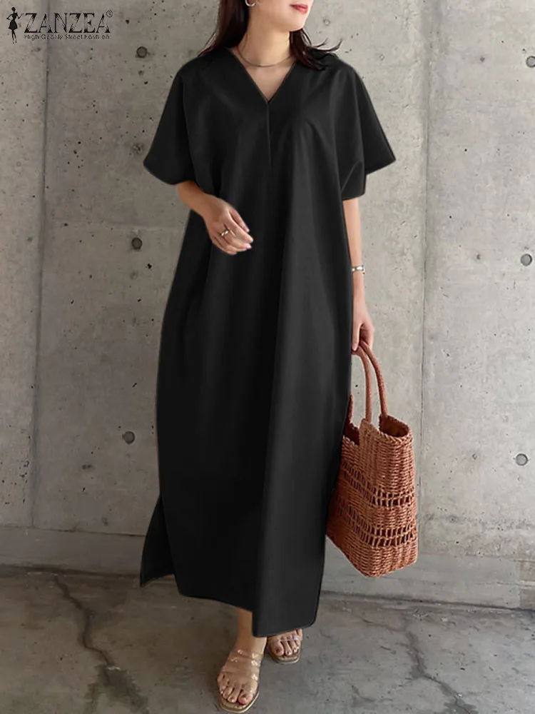 ZANZEA Summer Fashion Solid Dress Women Half Sleeve V Neck Sundress Causal Loose Work Holiday Vestidos Robe Elegant Midi Dresses