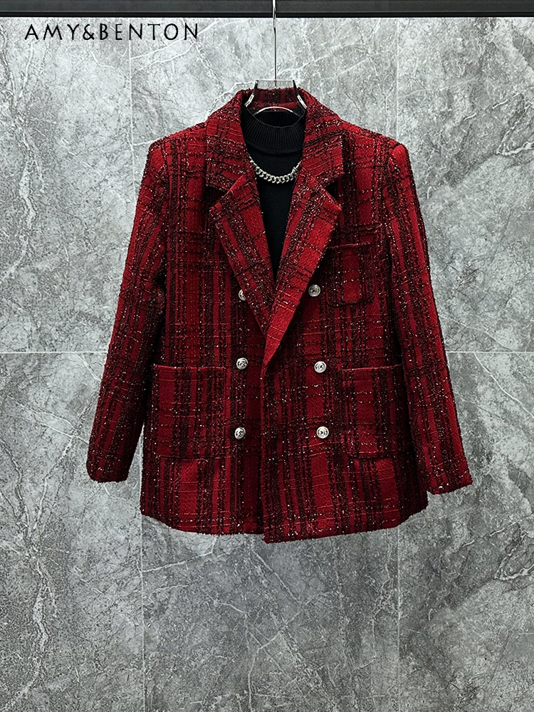 

Winter Temperament Retro Red Gypsy Shoulder Padded Double-breasted Blazer Men High-end Light Luxury Handsome Woolen Jacket Men