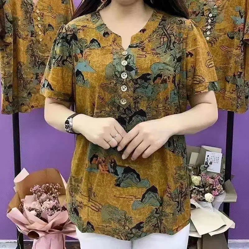 Middle Aged Elderly Women's Clothing 2025 Summer Vintage Floral Printed Loose T-shirts Casual O Neck Short Sleeve Pullover Tops
