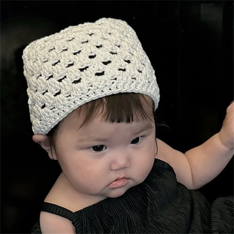 Pure Hand knitting cute Small hollow square hat for children solid white Photography Props Cross-border sales Light Mesh cap