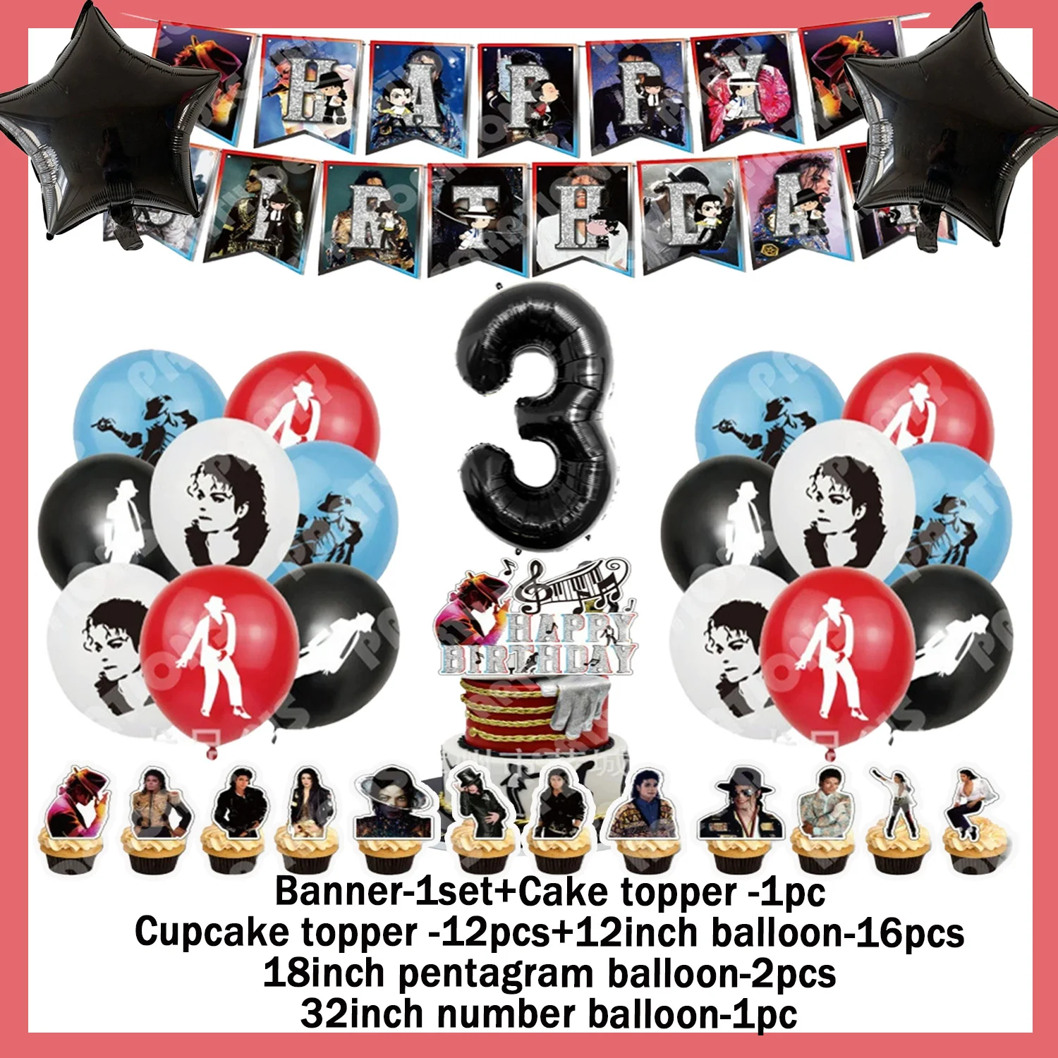 M-Michael Jackson Themen-Geburtstagsparty-Zubehör Deko-Ballon Hip-Hop-Hintergrund Tortendekoration Banner Kinder 1. Geburtstag Geschenk – Detail 5