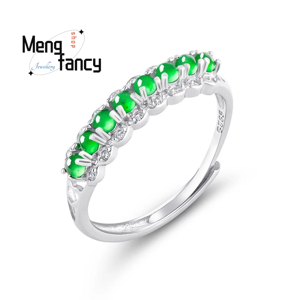 

S925 Silver Inlaid Natural A-goods Jadeite Emerald Green Ice Jade Adjustable Ring Fashion Jewelry High-grade Couple Holiday Gift