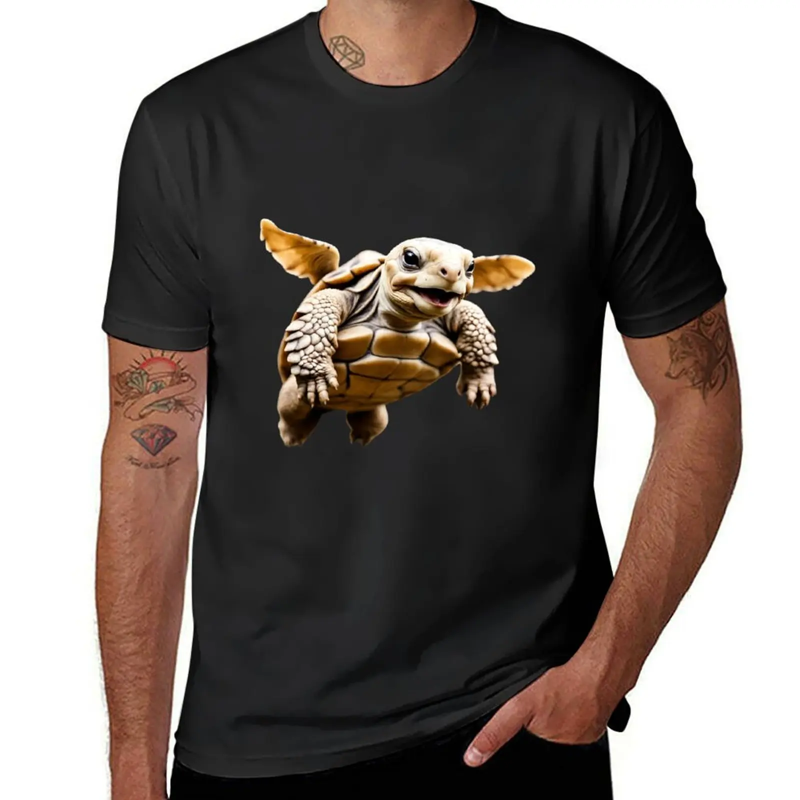 

A Sulcata tortoise flies with a smiling face T-Shirt Aesthetic clothing anime figures mens t shirt