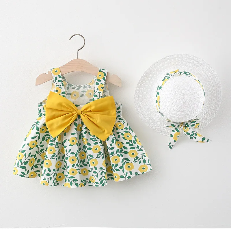 2Pcs Summer Dresses+Sunhat Newborn Clothing Set Baby Girls Beach Princess Dress Cute Bow Flowers Sleeveless Cotton Toddler