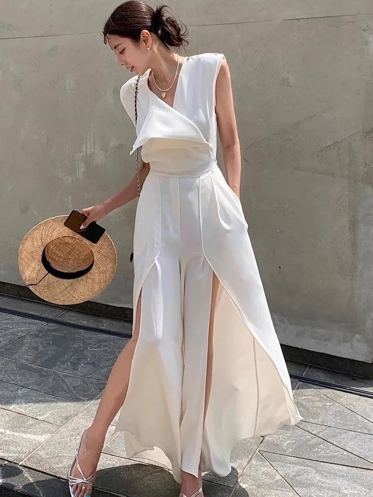 

White Haute Couture Elegant Jumpsuit For Women'S Summer V-Neck Sleeveless Chic Slit Style Slim Fit Jumpsuit