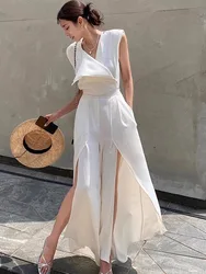 White Haute Couture Elegant Jumpsuit For Women'S Summer V-Neck Sleeveless Chic Slit Style Slim Fit Jumpsuit