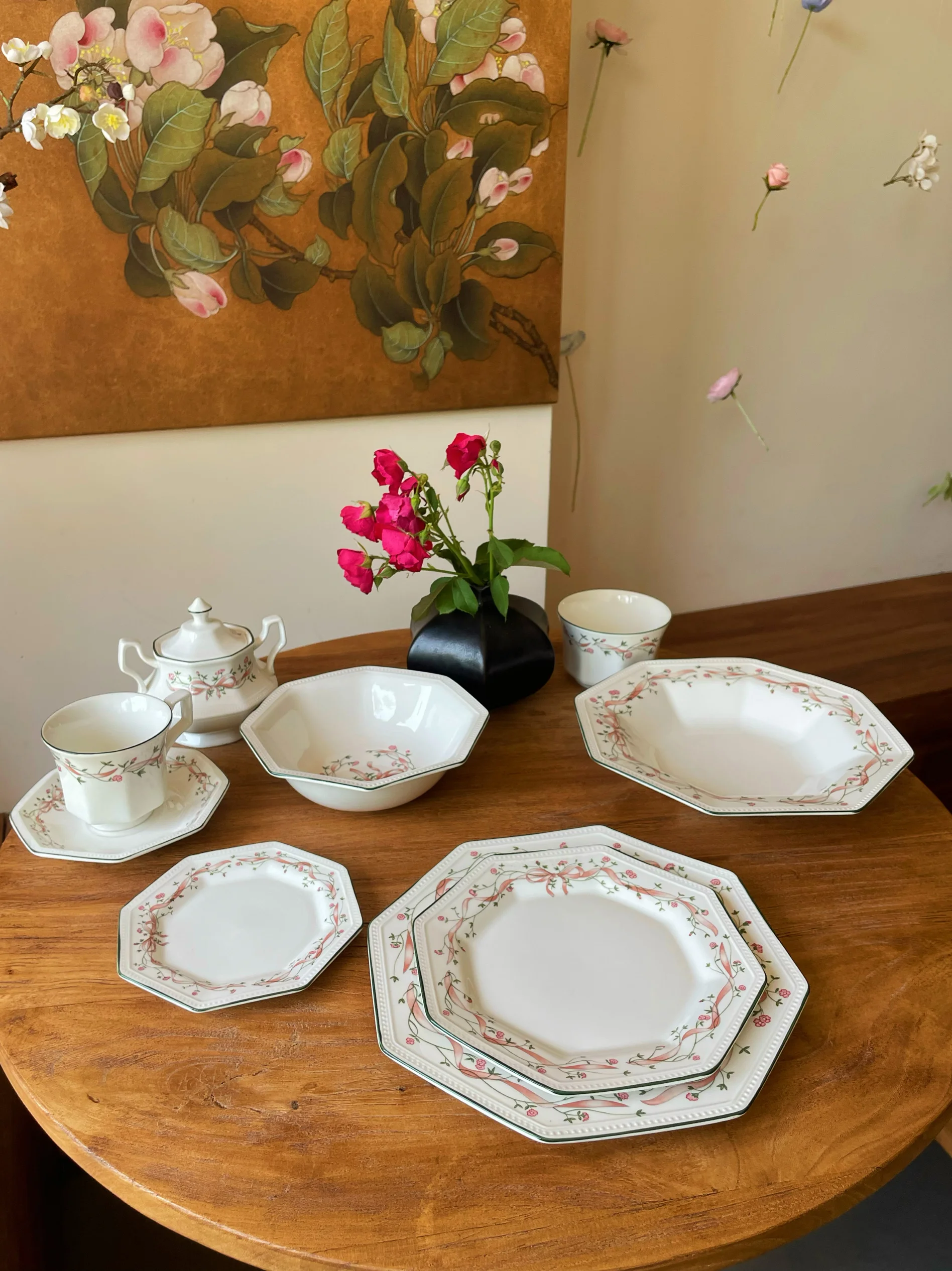 

Gradually change pink cute little flower green vine dinner plate steak plate star anise deep plate coffee cup saucer