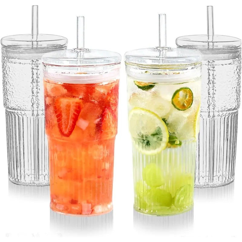 

4 Pack 20oz Glass Cups with Lids and Straws, Mason Jar High Borosilicate Drinking Glasses Iced Coffee Tumbler Smoothie Cup