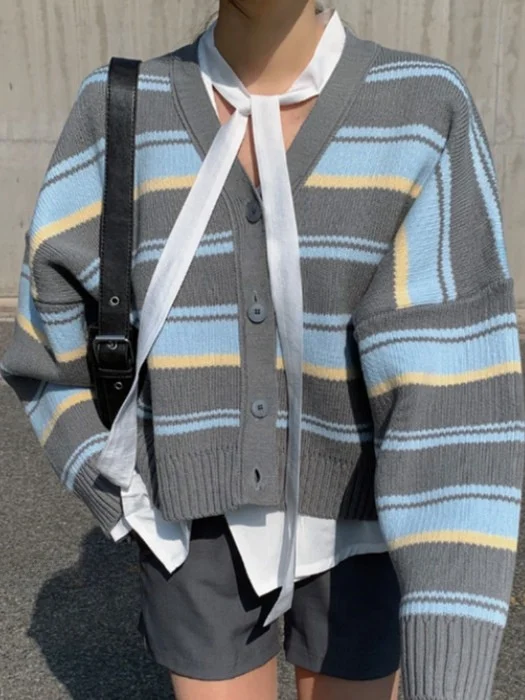 เสื้อคาร์ดิแกนไหมพรมลายทางสไตล์วินเทจใหม่สำหรับผู้หญิง ทรงหลวม สบายๆ แฟชั่นทันสมัย ดูอ่อนเยาว์