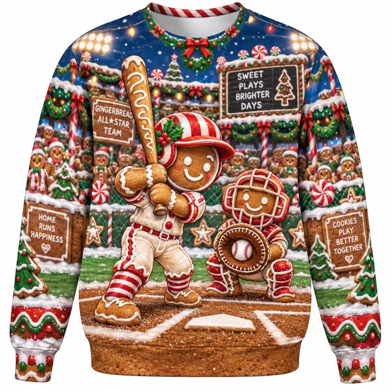 Christmas Baseball Sweatshirt Santa Snowman Reindeer Penguin Gingerbread Crewneck Xmas Pullover Holiday Sports Party Gift Top